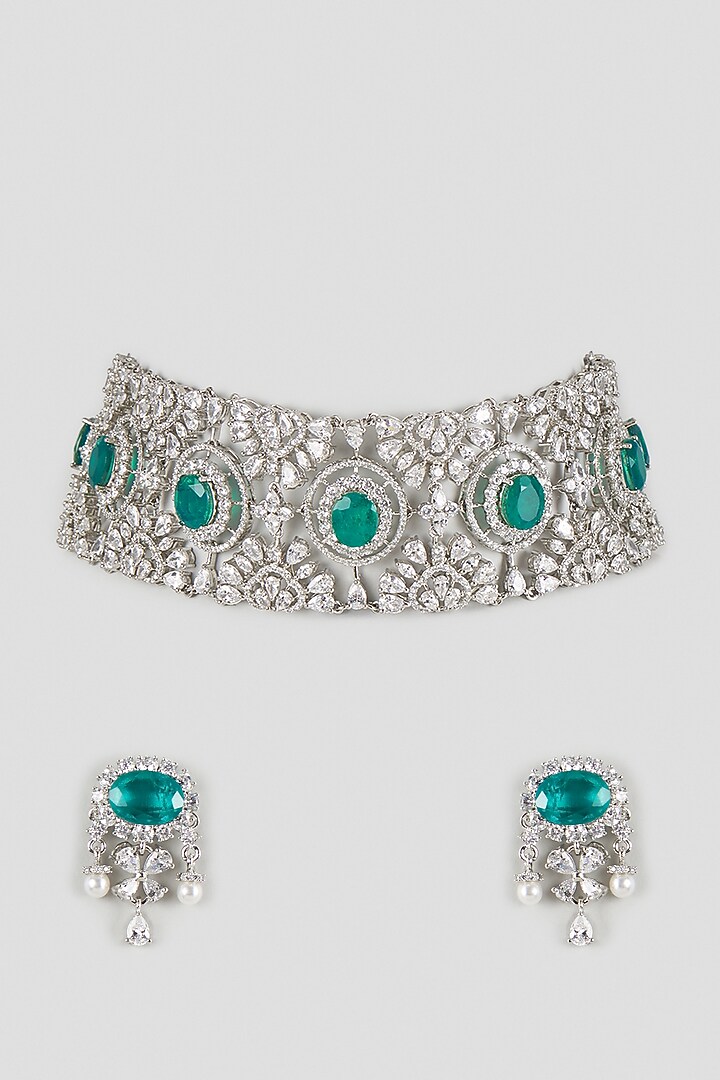 Silver Finish Cubic Zirconia & Emerald Green Stone Choker Necklace by Aura Trends at Pernia's Pop Up Shop