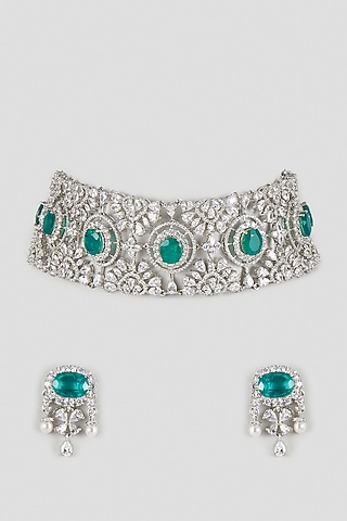Silver Finish Cubic Zirconia & Emerald Green Stone Choker Necklace by Aura Trends