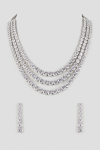 Silver Finish Cubic Zirconia Layered Necklace Set by Aura Trends