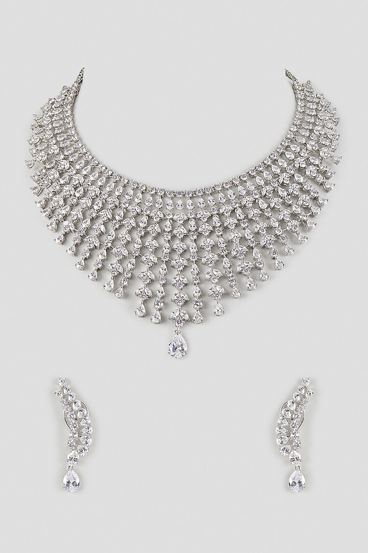 Silver Finish Cubic Zirconia Layered Necklace Set by Aura Trends at Pernia's Pop Up Shop