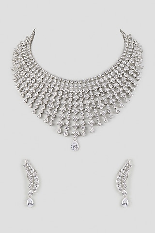 Silver Finish Cubic Zirconia Layered Necklace Set by Aura Trends