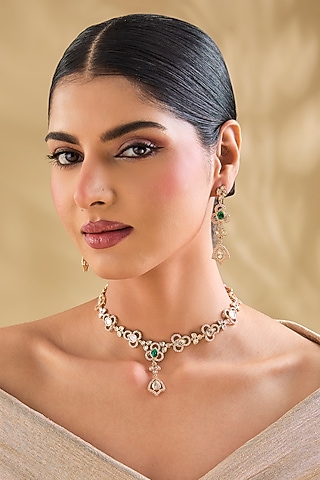 Gold Finish American Diamond Floral Choker Necklace Set by Aura Trends
