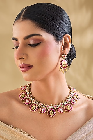 Gold Finish Kundan Polki & Pink Stone Choker Necklace Set by Aura Trends