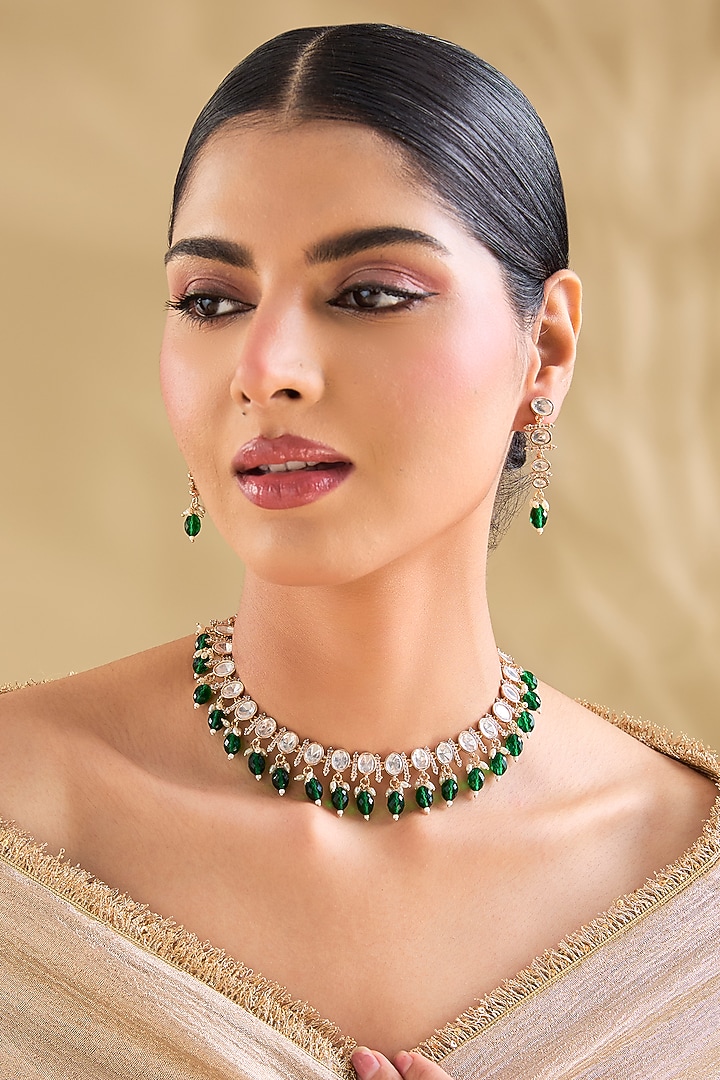 Gold Finish Kundan Polki & Green Teardrop Stone Choker Necklace Set by Aura Trends at Pernia's Pop Up Shop