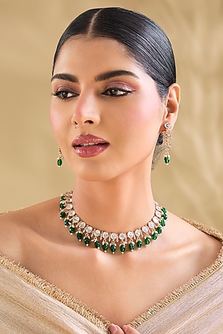 Gold Finish Kundan Polki & Green Teardrop Stone Choker Necklace Set by Aura Trends