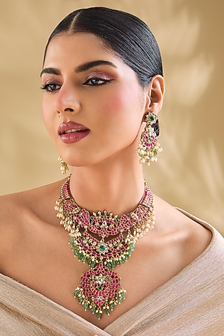 Gold Finish Pink & Green Kundan Polki Necklace Set by Aura Trends