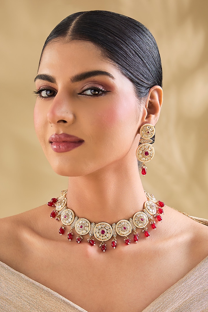 Gold Finish Red & White Kundan Polki Necklace Set by Aura Trends at Pernia's Pop Up Shop