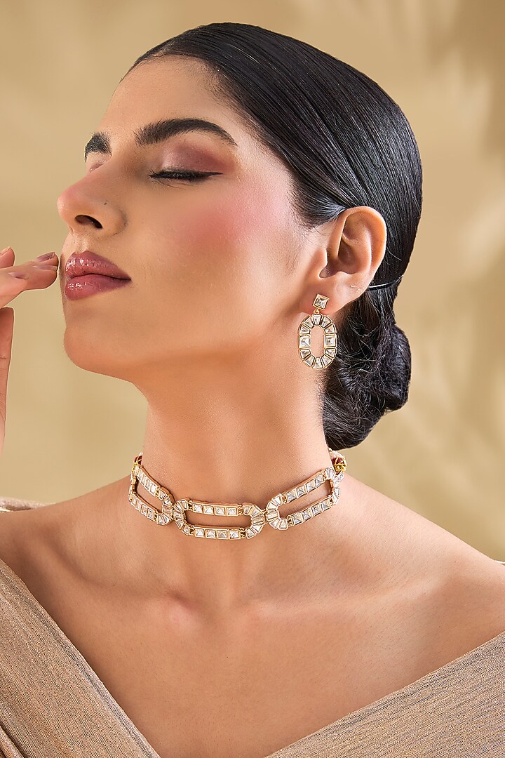 Gold Finish Kundan Polki Necklace Set by Aura Trends at Pernia's Pop Up Shop