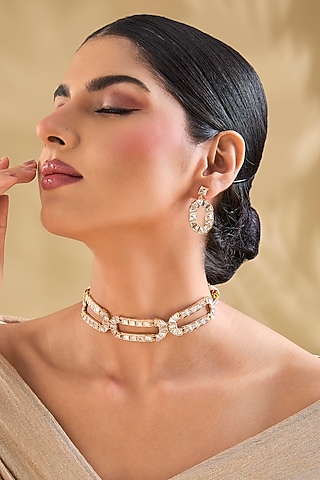 Gold Finish Kundan Polki Necklace Set by Aura Trends