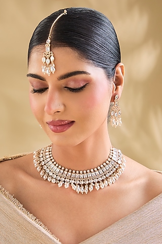Gold Finish American Diamond Necklace Set by Aura Trends