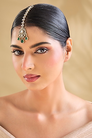 Gold Finish American Diamond & Green Stone Maangtikka by Aura Trends