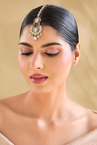 Antique Oxidised Finish Pink Kundan Polki Maangtikka by Aura Trends