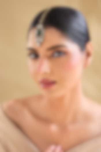 Gold Finish American Diamond & Emerald Green Maangtikka by Aura Trends at Pernia's Pop Up Shop