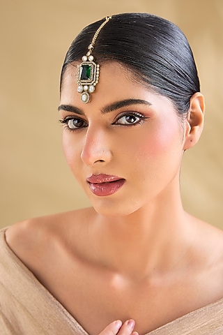 Gold Finish American Diamond & Emerald Green Maangtikka by Aura Trends