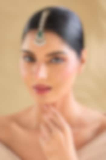 Gold Finish American Diamond & Emerald Green Maangtikka by Aura Trends at Pernia's Pop Up Shop