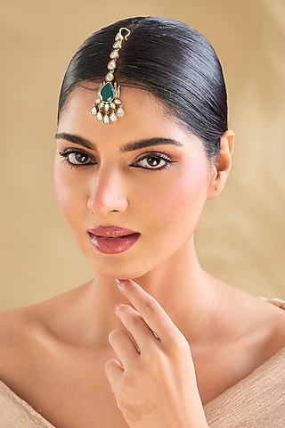 Gold Finish American Diamond & Emerald Green Maangtikka by Aura Trends