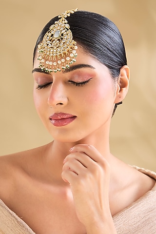 Gold Finish American Diamond & Emerald Green Maangtikka by Aura Trends