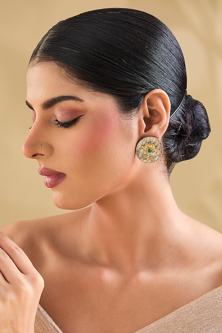 Gold Finish Multi-Colored Kundan Polki Floral Stud Earrings by Aura Trends at Pernia's Pop Up Shop
