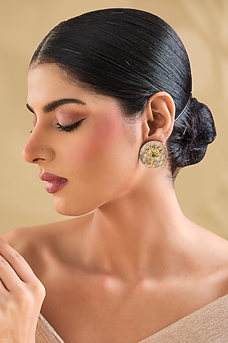 Gold Finish Multi-Colored Kundan Polki Floral Stud Earrings by Aura Trends
