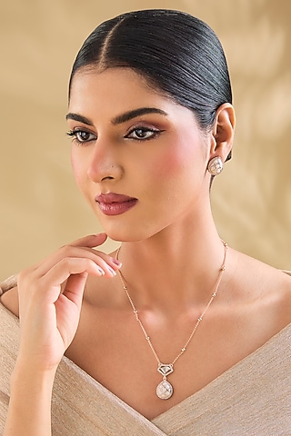 Gold Finish Crystal Pendant Necklace Set by Aura Trends