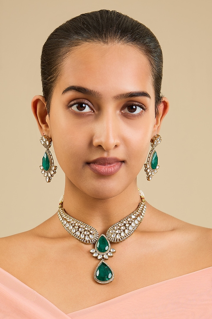 Gold Finish Kundan Polki & Tear-Drop Emerald Stone Wing Necklace Set by Aura Trends at Pernia's Pop Up Shop