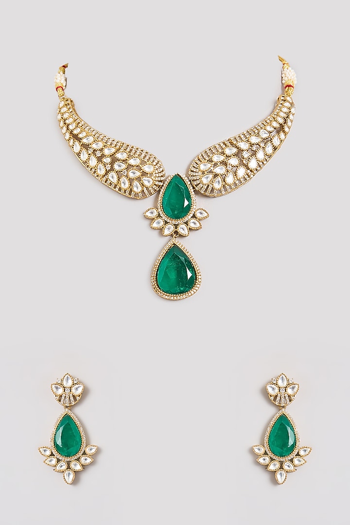 Gold Finish Kundan Polki & Tear-Drop Emerald Stone Wing Necklace Set by Aura Trends at Pernia's Pop Up Shop