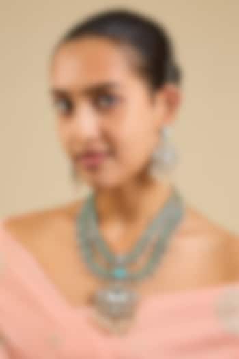 Gold Finish Kundan Polki & Mint Green Beaded Layered Necklace Set by Aura Trends at Pernia's Pop Up Shop