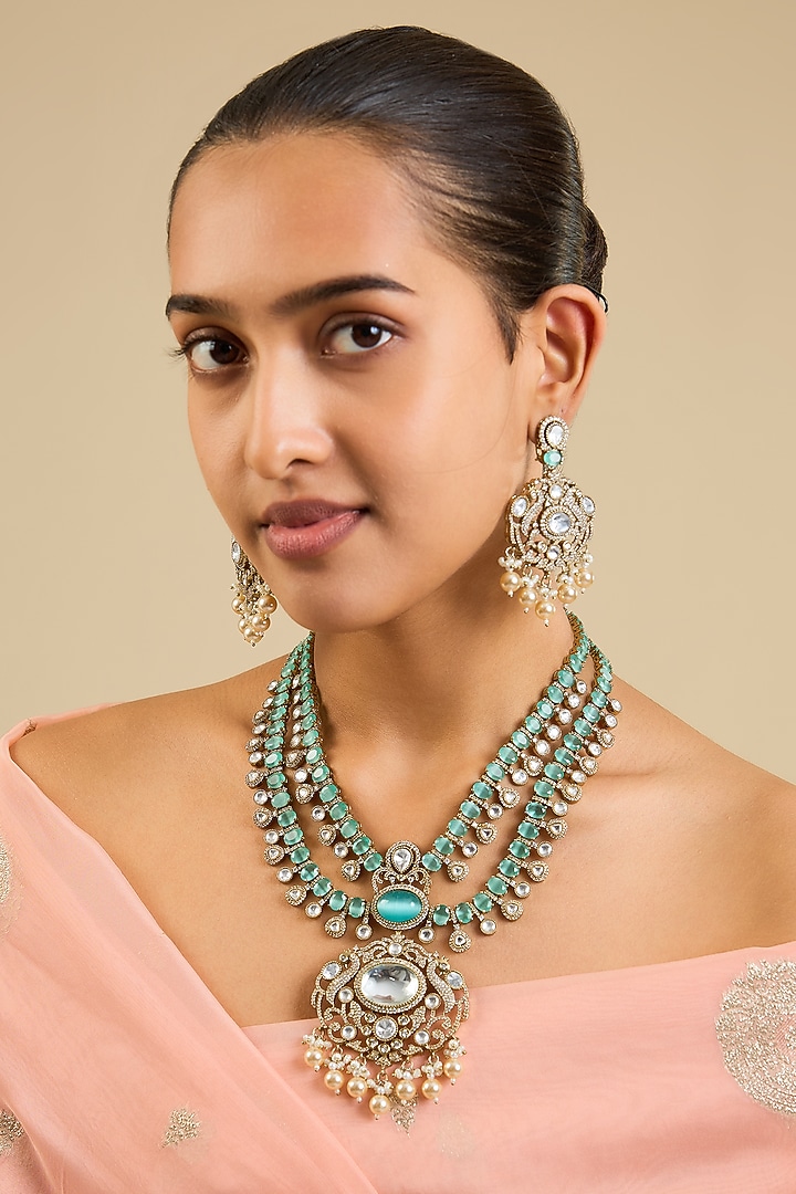 Gold Finish Kundan Polki & Mint Green Beaded Layered Necklace Set by Aura Trends at Pernia's Pop Up Shop