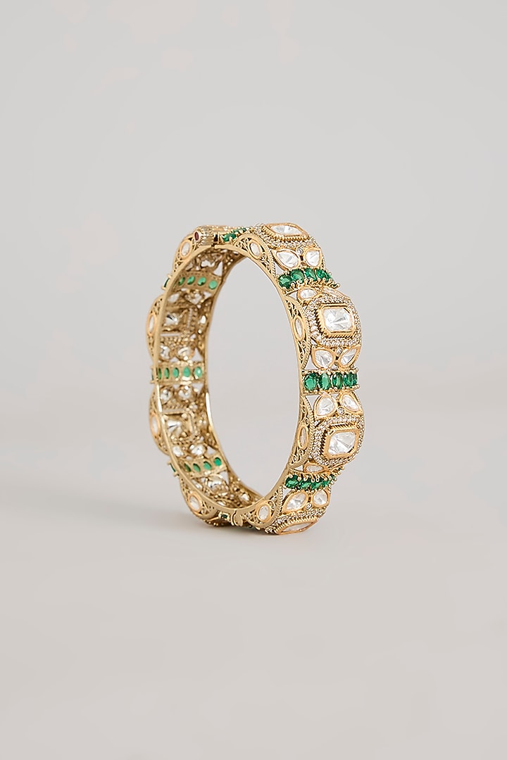 Gold Finish Kundan Polki & Emerald Green Stone Bangles (Set Of 2) by Aura Trends at Pernia's Pop Up Shop