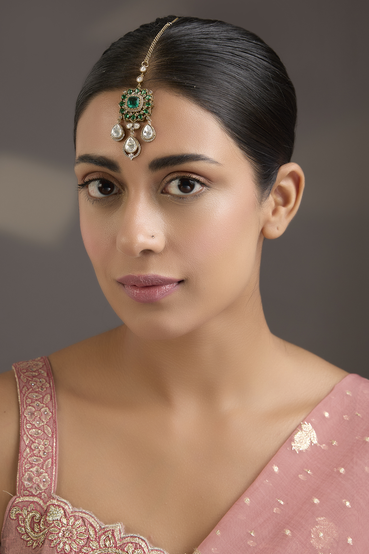 Gold Finish Kundan Polki & Emerald Green Stone Maangtikka by Aura Trends