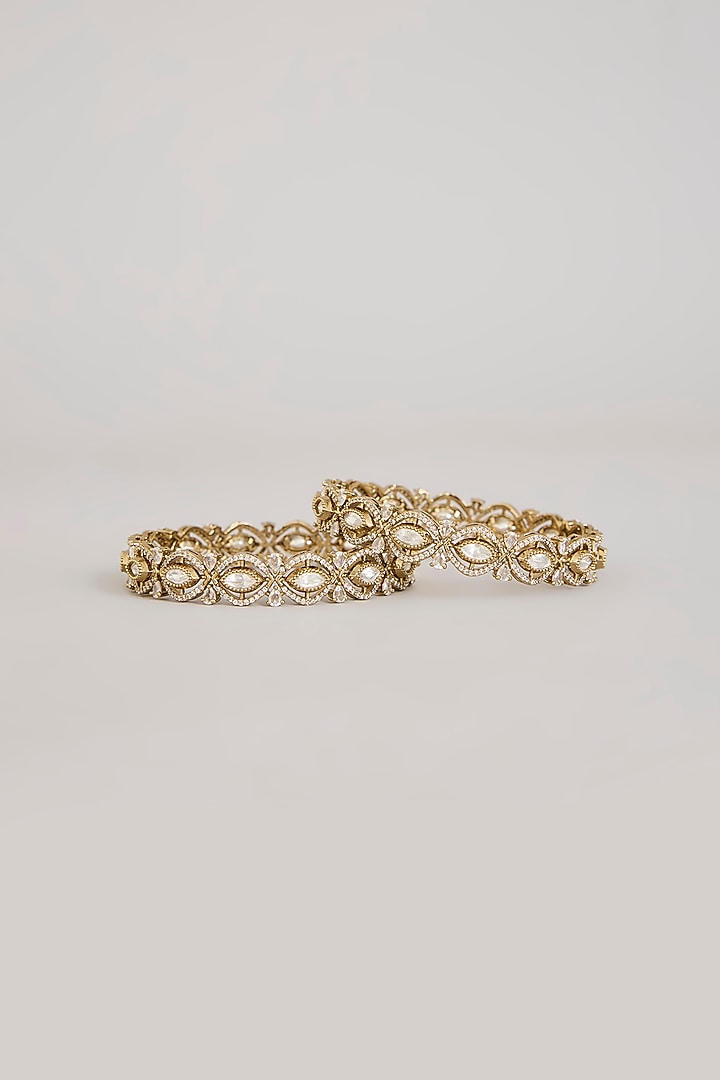 Gold Finish American Diamond & Crystal Floral Bangles (Set Of 2) by Aura Trends at Pernia's Pop Up Shop