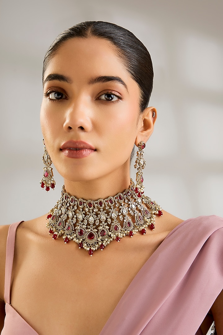 Gold Finish Kundan Polki & Ruby Red Stone Jaal Choker Necklace Set by Aura Trends at Pernia's Pop Up Shop