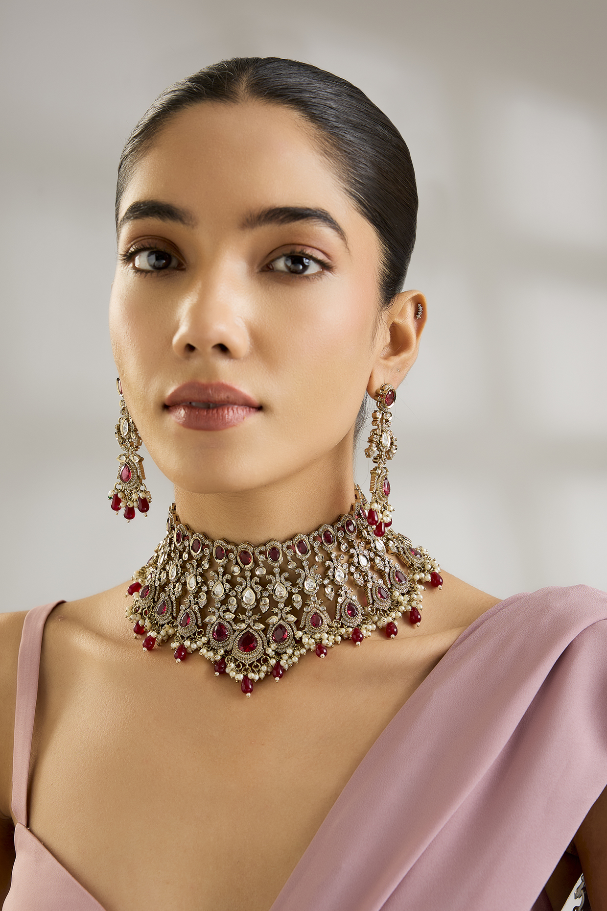 Gold Finish Kundan Polki & Ruby Red Stone Jaal Choker Necklace Set by Aura Trends