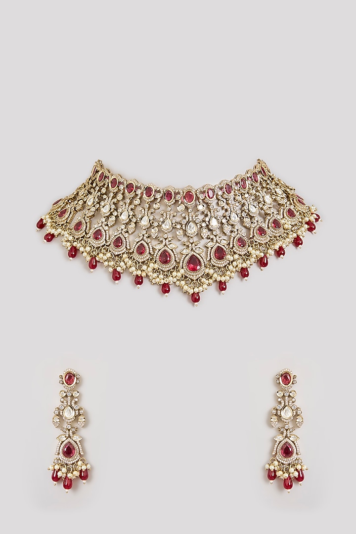 Gold Finish Kundan Polki & Ruby Red Stone Jaal Choker Necklace Set by Aura Trends at Pernia's Pop Up Shop