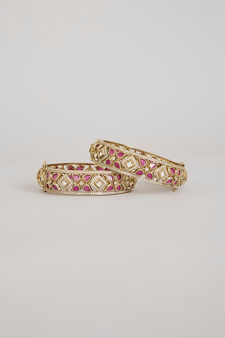 Gold Finish Kundan Polki & Ruby Stone Bangles (Set of 2) by Aura Trends at Pernia's Pop Up Shop