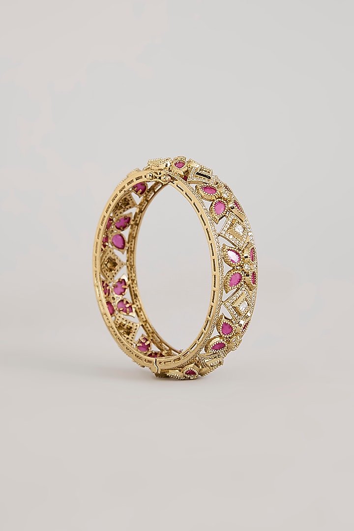 Gold Finish Kundan Polki & Ruby Stone Bangles (Set of 2) by Aura Trends at Pernia's Pop Up Shop