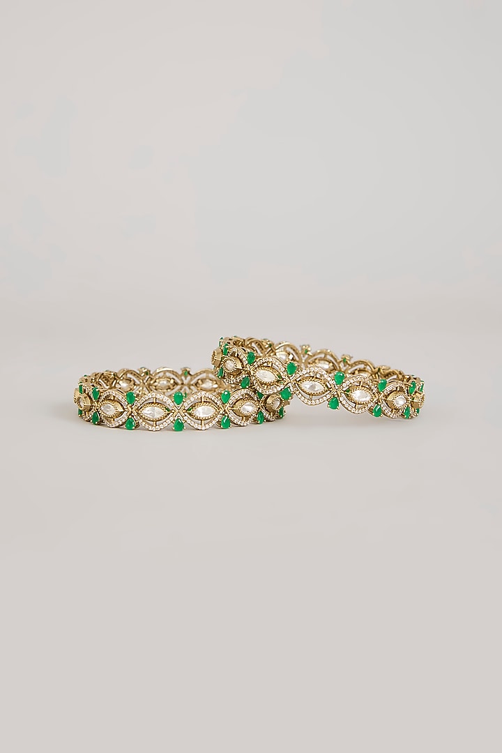 Gold Finish Kundan Polki & Emerald Green Stone Bangles (Set of 2) by Aura Trends at Pernia's Pop Up Shop