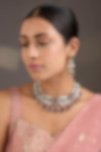 Gold Finish Kundan Polki & Maroon Stone Choker Necklace Set by Aura Trends at Pernia's Pop Up Shop