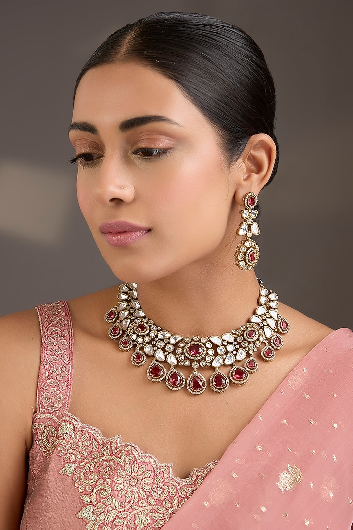 Gold Finish Kundan Polki & Maroon Stone Choker Necklace Set by Aura Trends at Pernia's Pop Up Shop