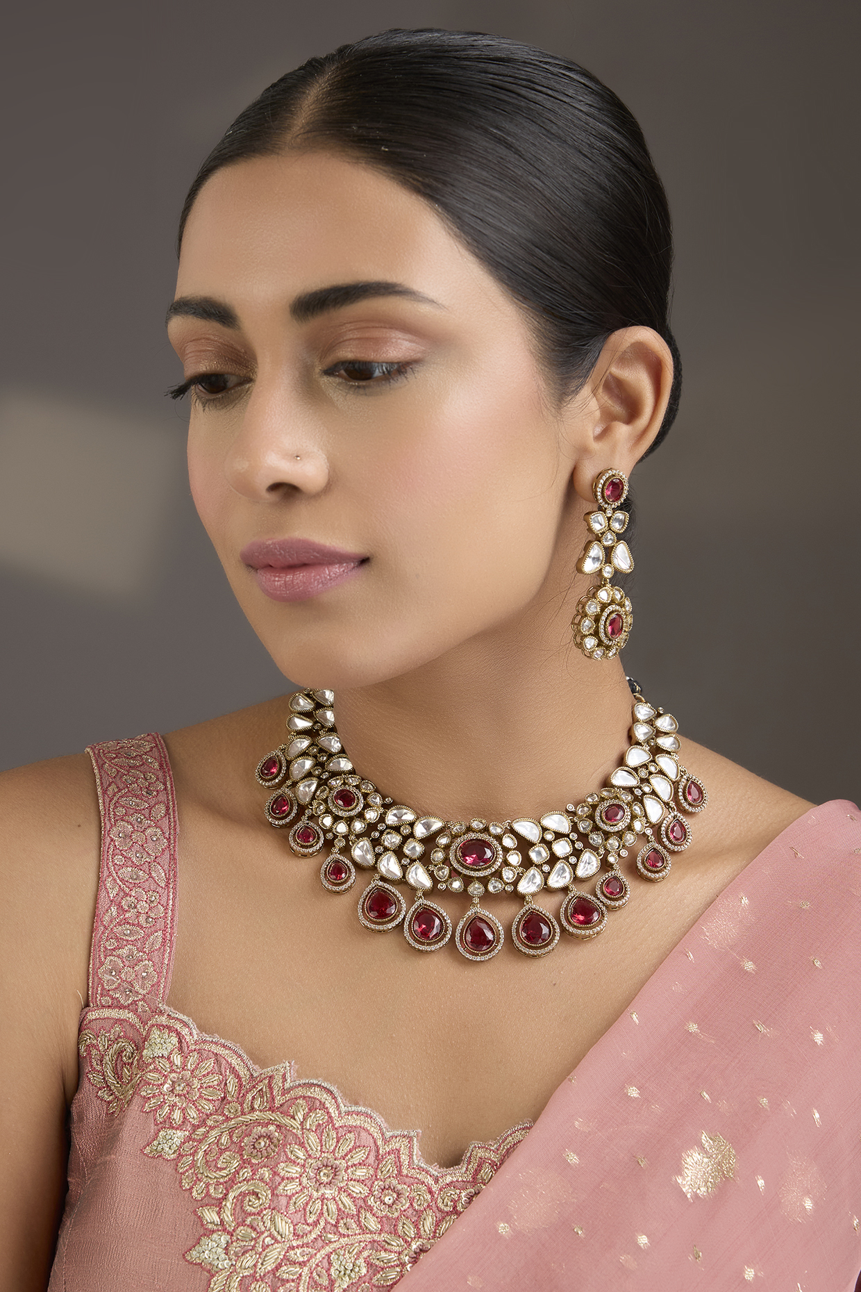 Gold Finish Kundan Polki & Maroon Stone Choker Necklace Set by Aura Trends
