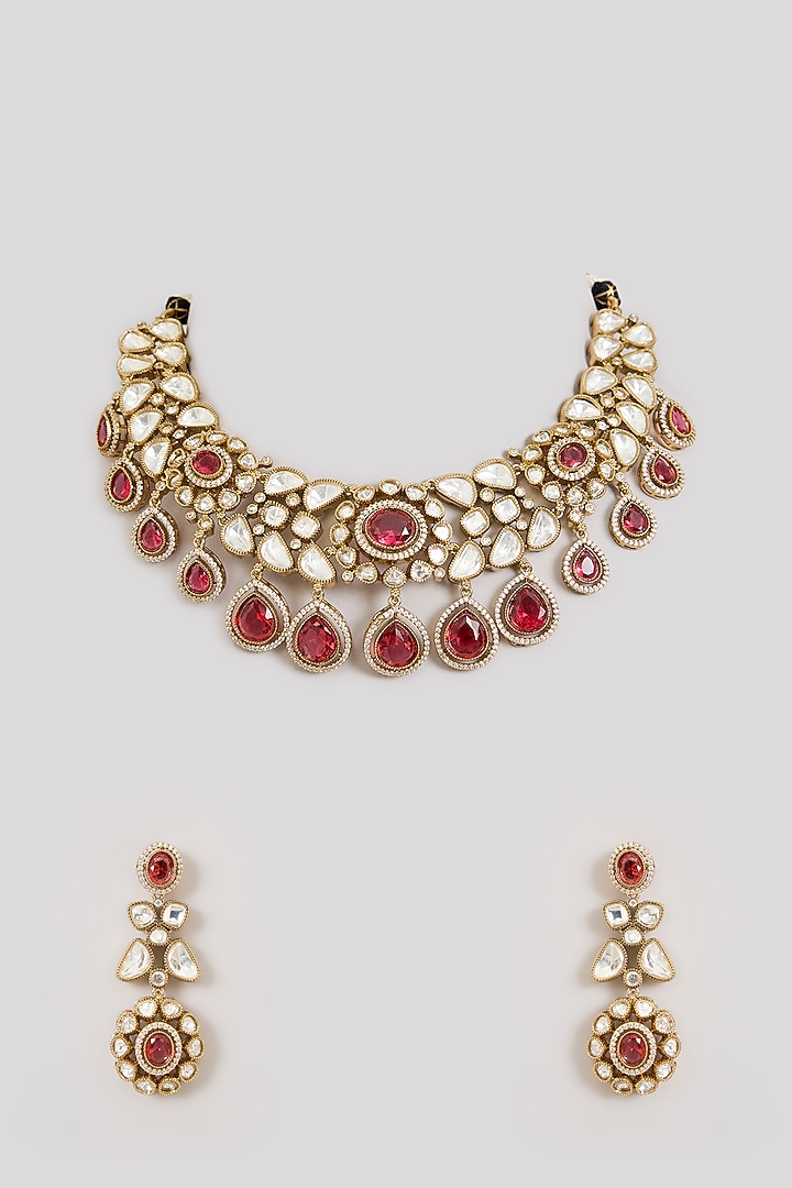 Gold Finish Kundan Polki & Maroon Stone Choker Necklace Set by Aura Trends at Pernia's Pop Up Shop