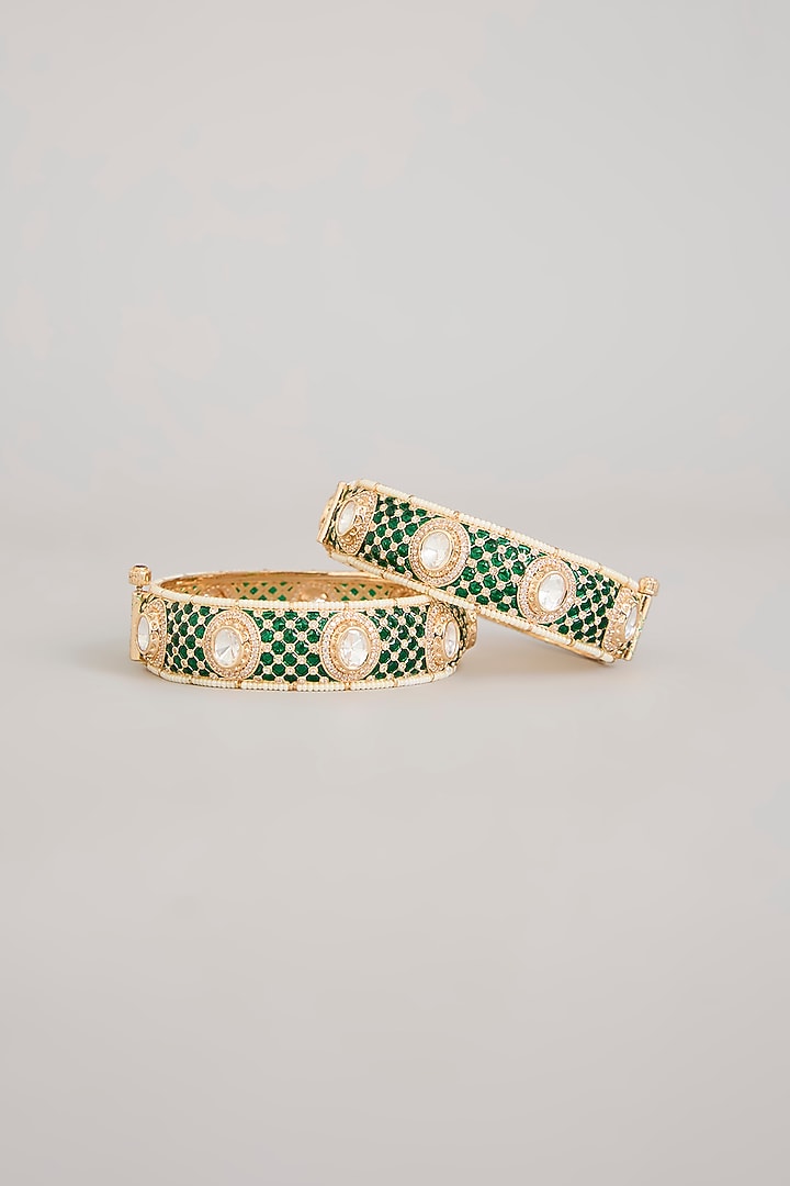 Gold Finish Emerald Green Kundan Polki Openable Meenakari Bangles (Set Of 2) by Aura Trends at Pernia's Pop Up Shop