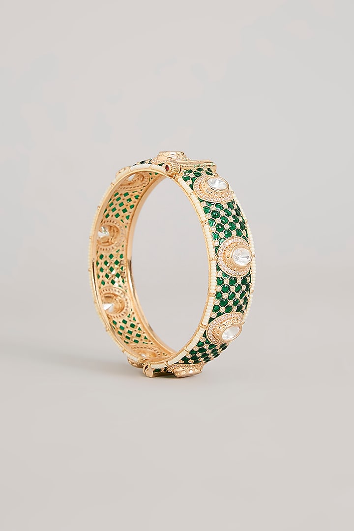 Gold Finish Emerald Green Kundan Polki Openable Meenakari Bangles (Set Of 2) by Aura Trends at Pernia's Pop Up Shop