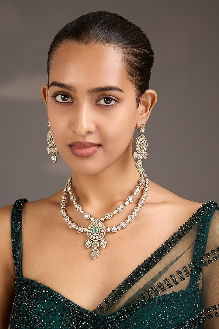 Gold Finish Kundan Polki & Green Layered Necklace Set by Aura Trends at Pernia's Pop Up Shop
