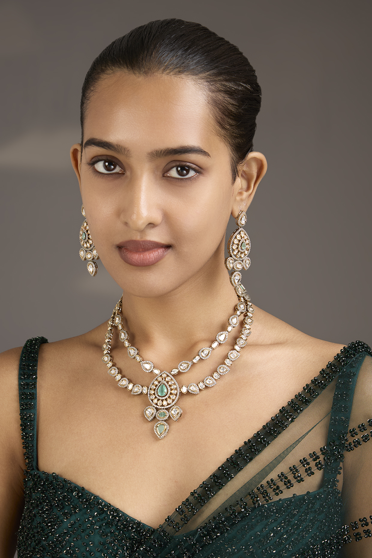Gold Finish Kundan Polki & Green Layered Necklace Set by Aura Trends