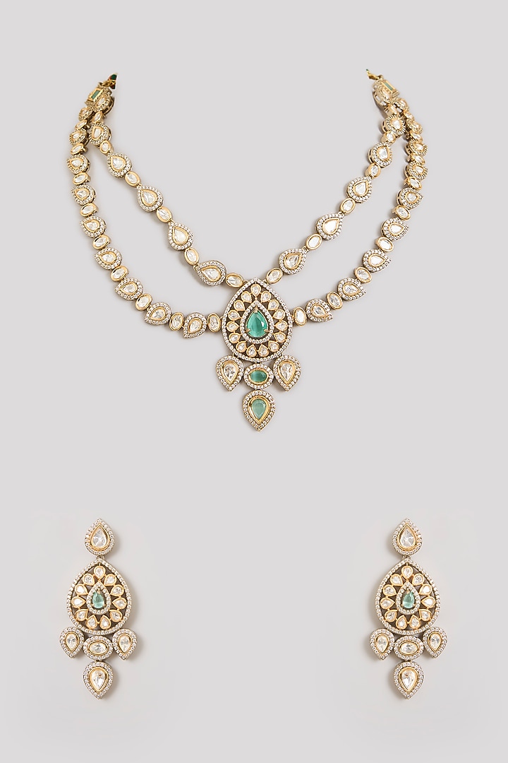 Gold Finish Kundan Polki & Green Layered Necklace Set by Aura Trends at Pernia's Pop Up Shop