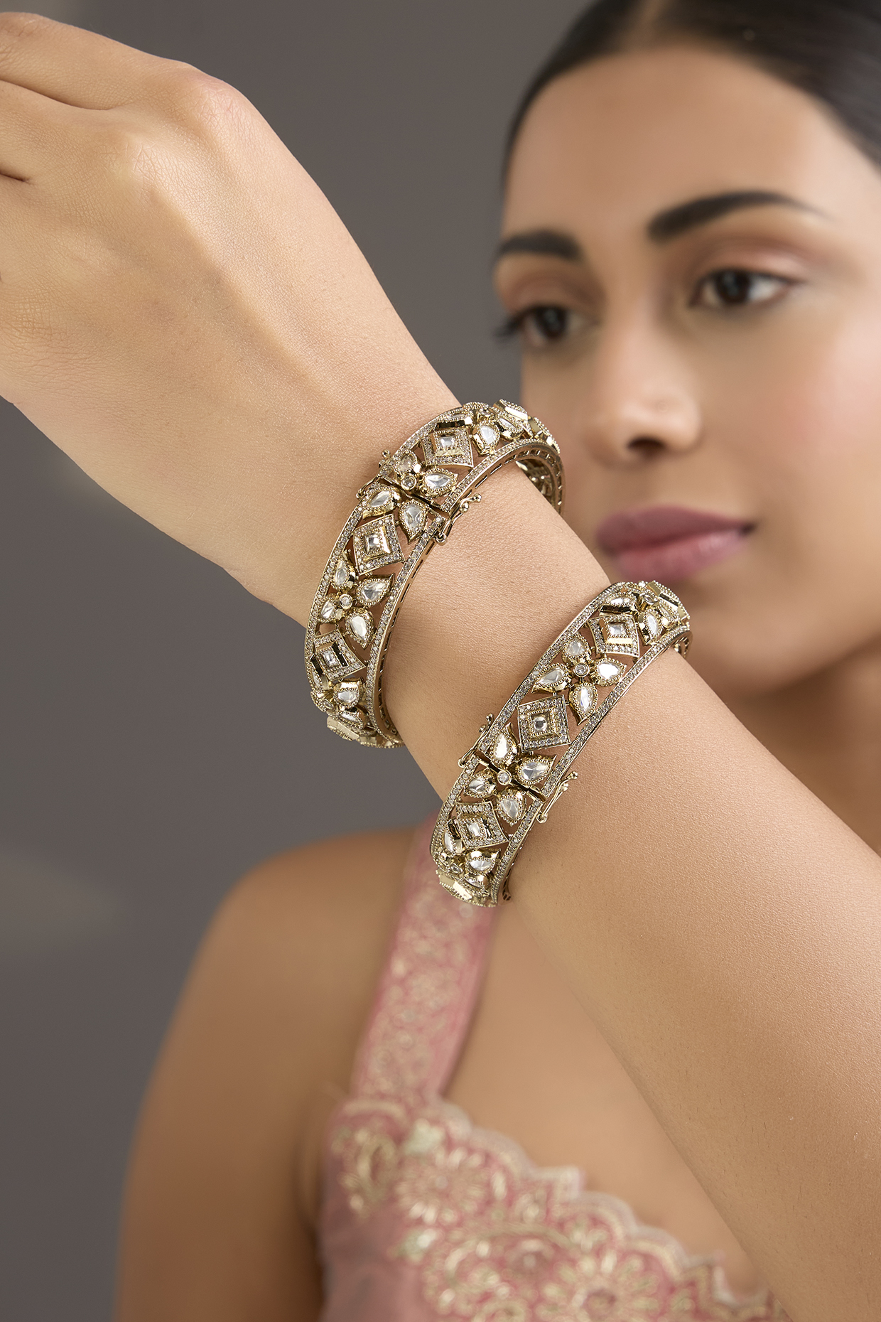 Antique Gold Finish Kundan Polki Bangles (Set Of 2) by Aura Trends