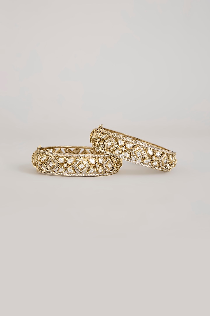 Antique Gold Finish Kundan Polki Bangles (Set Of 2) by Aura Trends at Pernia's Pop Up Shop