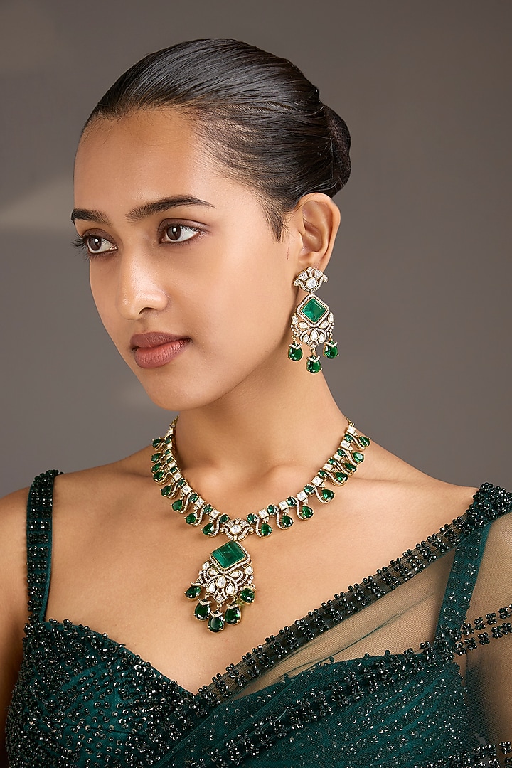 Gold Finish Kundan Polki & Emerald Green Stone S-curve Necklace Set by Aura Trends at Pernia's Pop Up Shop