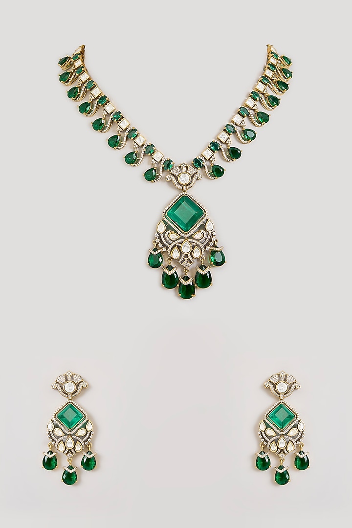 Gold Finish Kundan Polki & Emerald Green Stone S-curve Necklace Set by Aura Trends at Pernia's Pop Up Shop